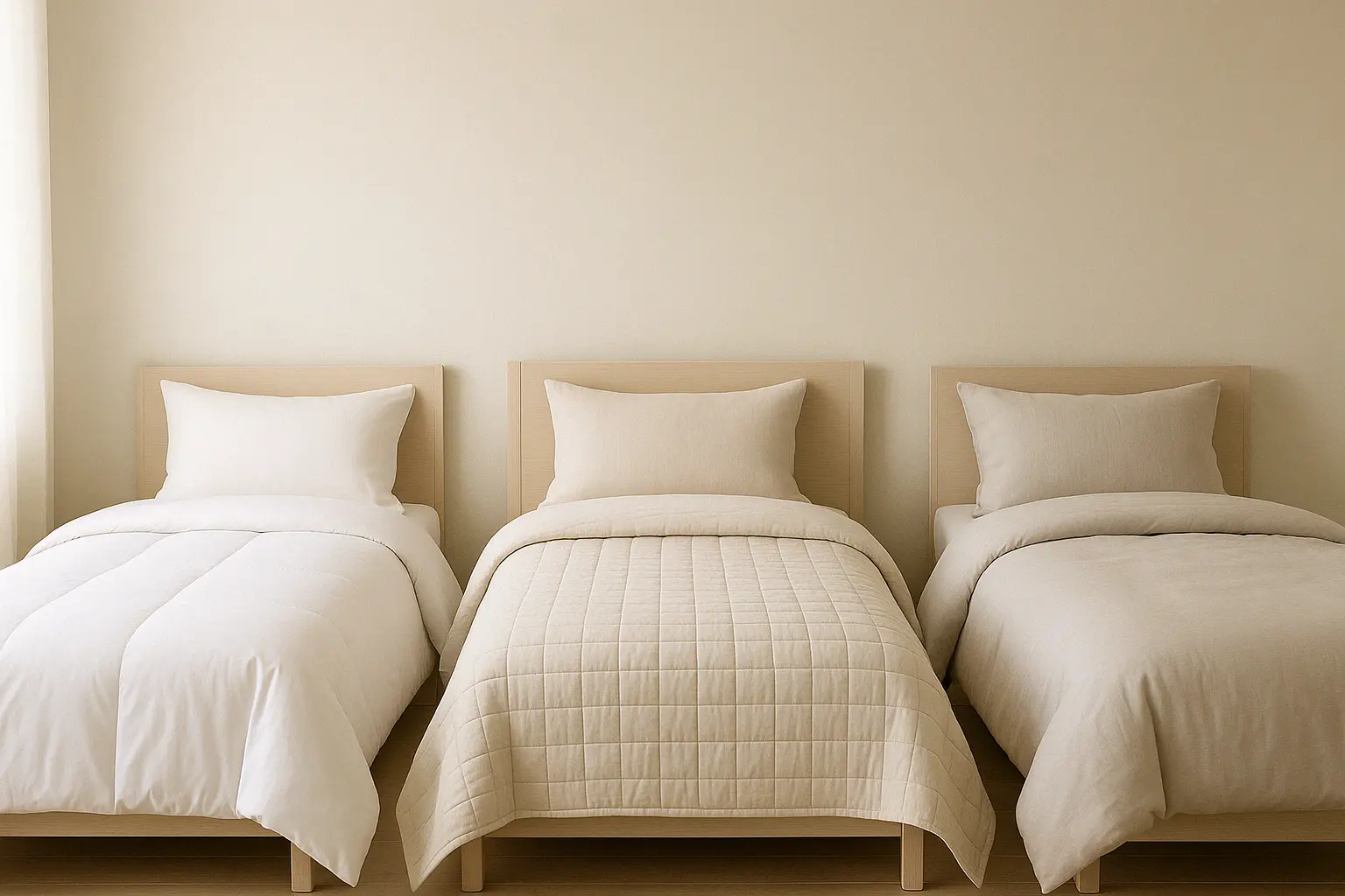 Side-by-side-comparison-of-a-comforter-quilt-and-duvet-on-separate-beds-in-a-stylish-minimalist-bedroom