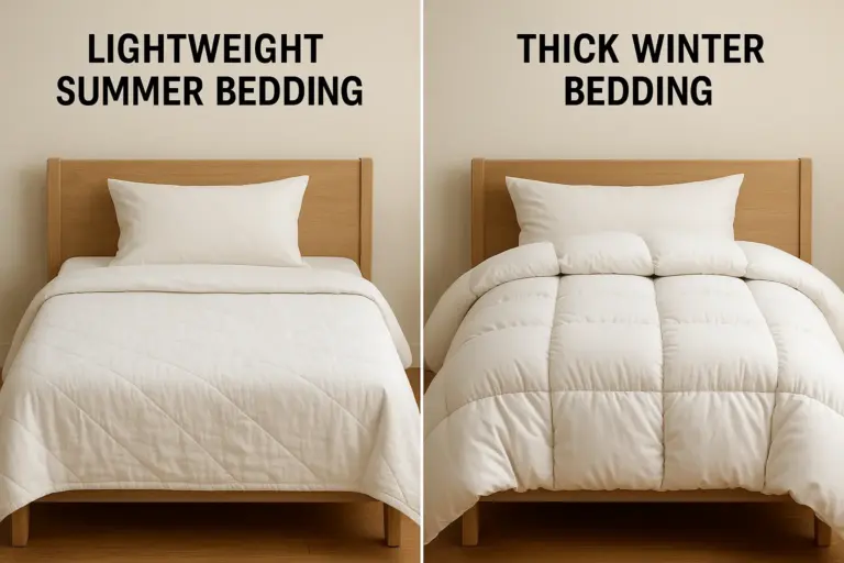 A bed showing a side-by-side comparison of lightweight summer bedding and thick winter bedding for seasonal changes.