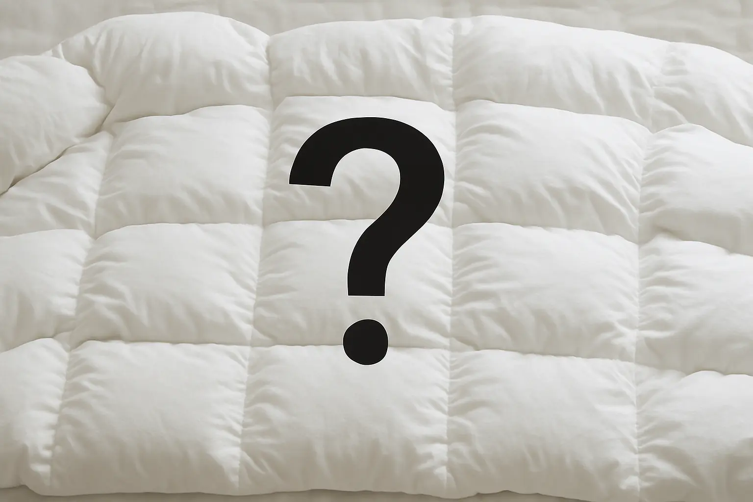 A fluffy white down comforter with a large question mark, symbolizing questions about down bedding and allergies.