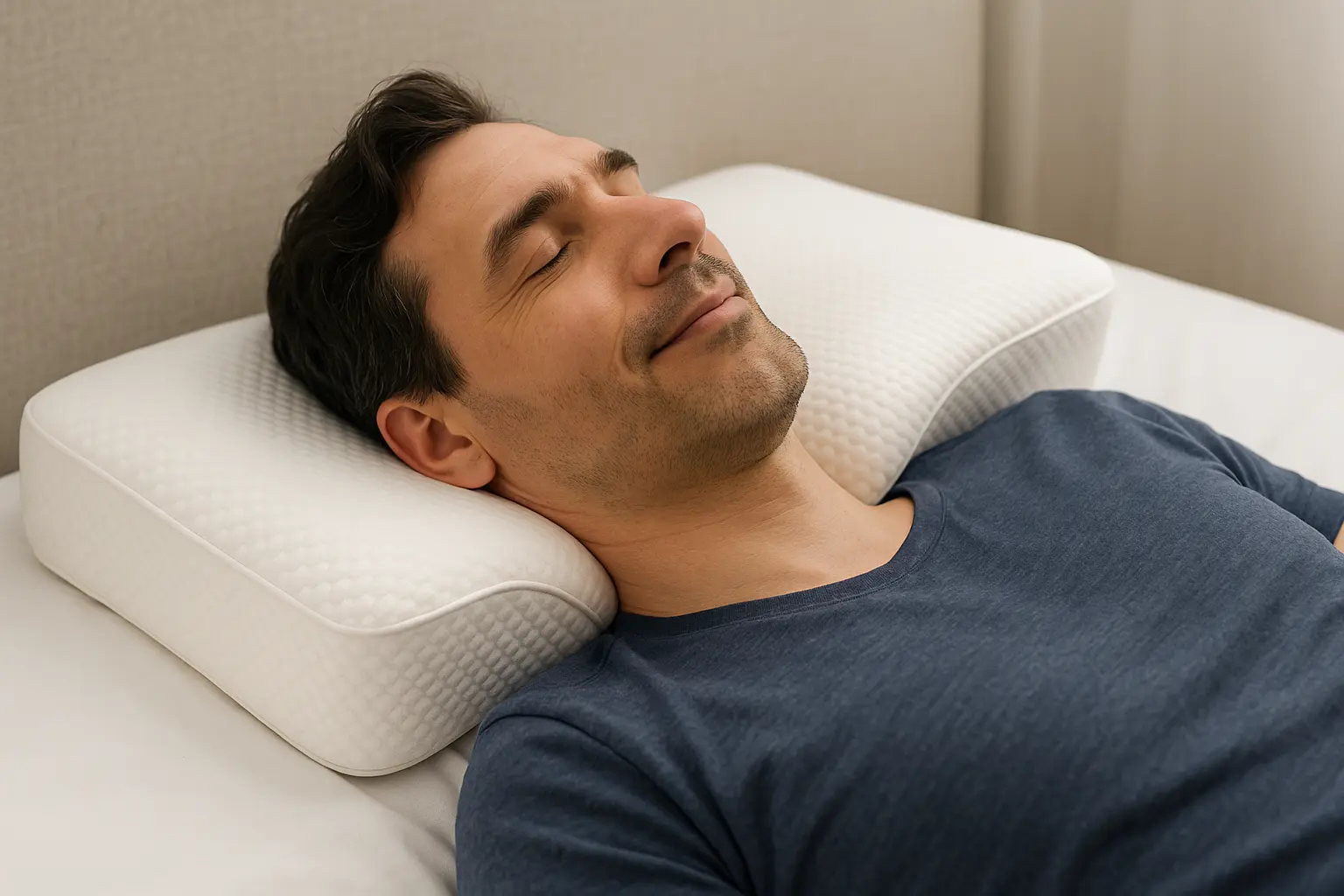 A relaxed adult sleeping on a supportive pillow designed for neck pain relief.