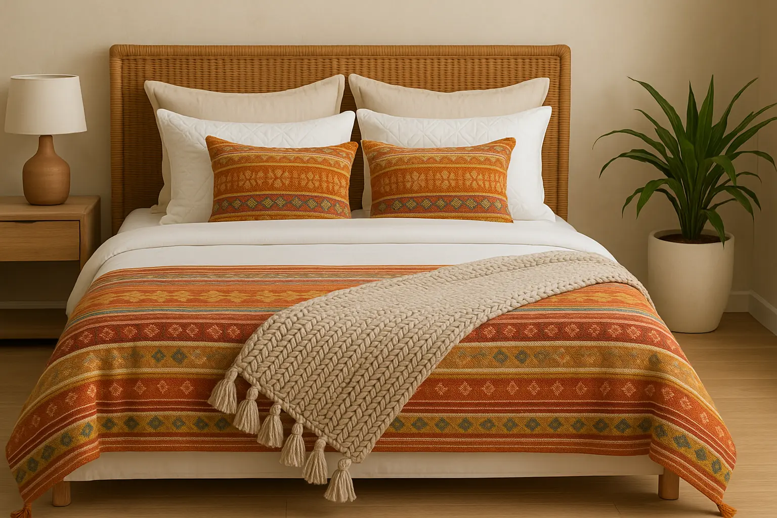 Bohemian-style-bed-with-a-tasseled-throw-blanket-layered-diagonally-for-texture