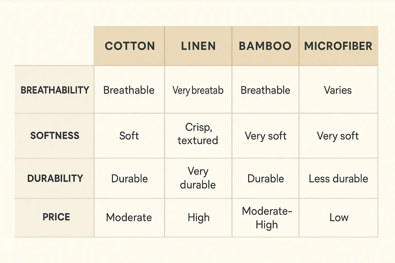 Comparison chart of bed sheet materials highlighting softness, breathability, and durability