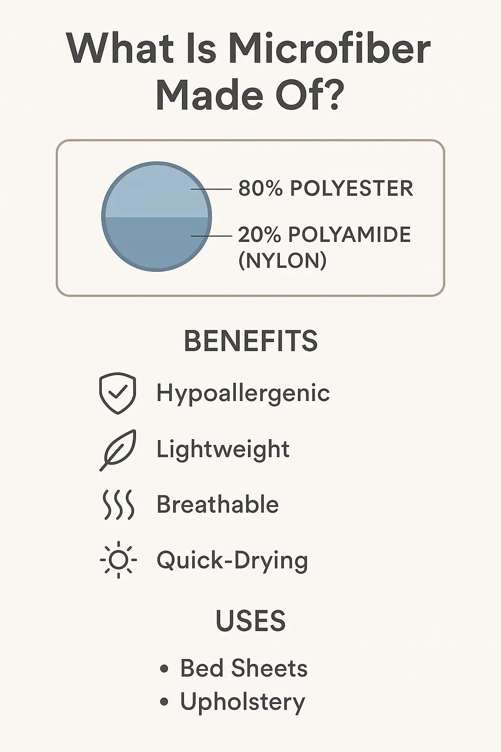Infographie montrant les avantages de la composition en microfibre, tels que les propriétés hypoallergéniques, légères et à séchage rapide