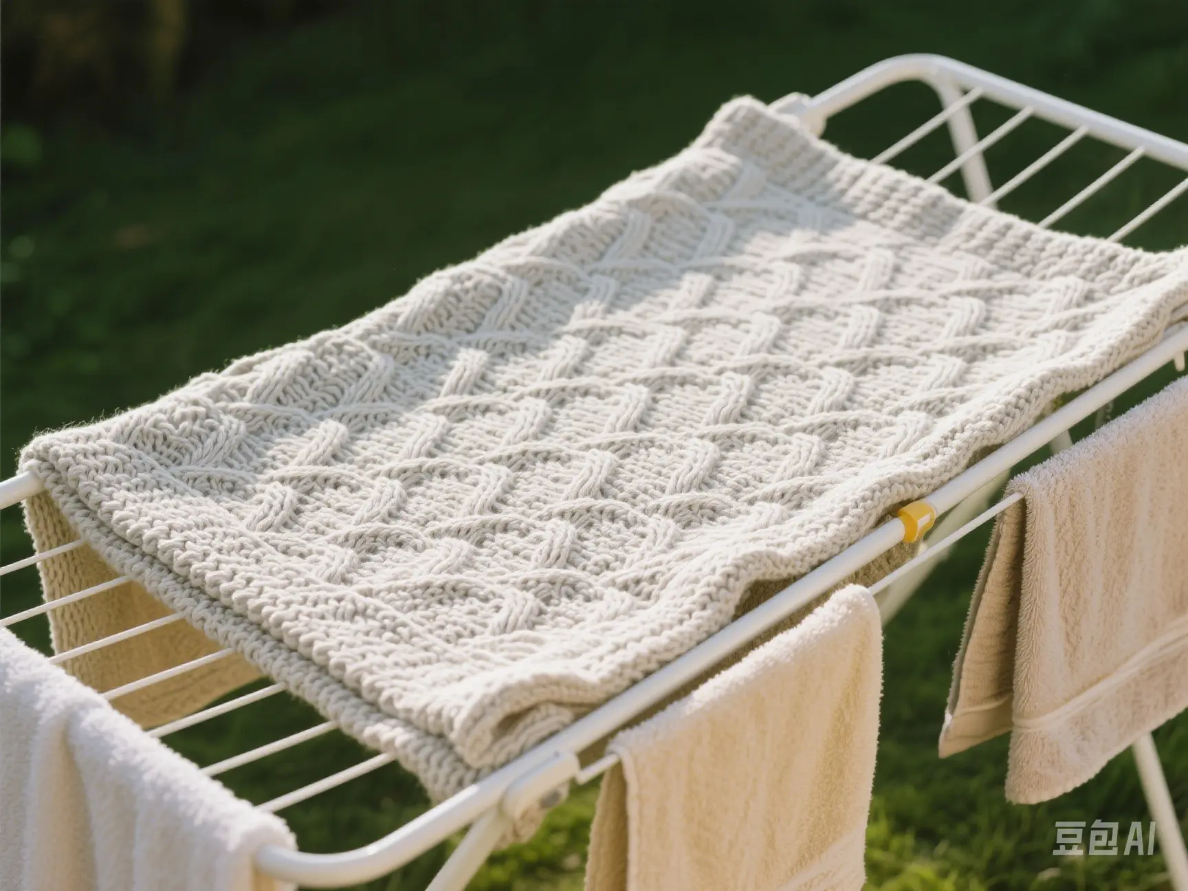 Gestrickte Decke flach zum Trocknen auf einem Handtuch oder Wäscheständer ausgelegt