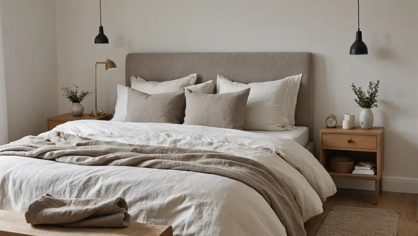 Luxury-bed-with-a-stone-gray-linen-duvet-cover-in-a-modern-hotel-room-setting