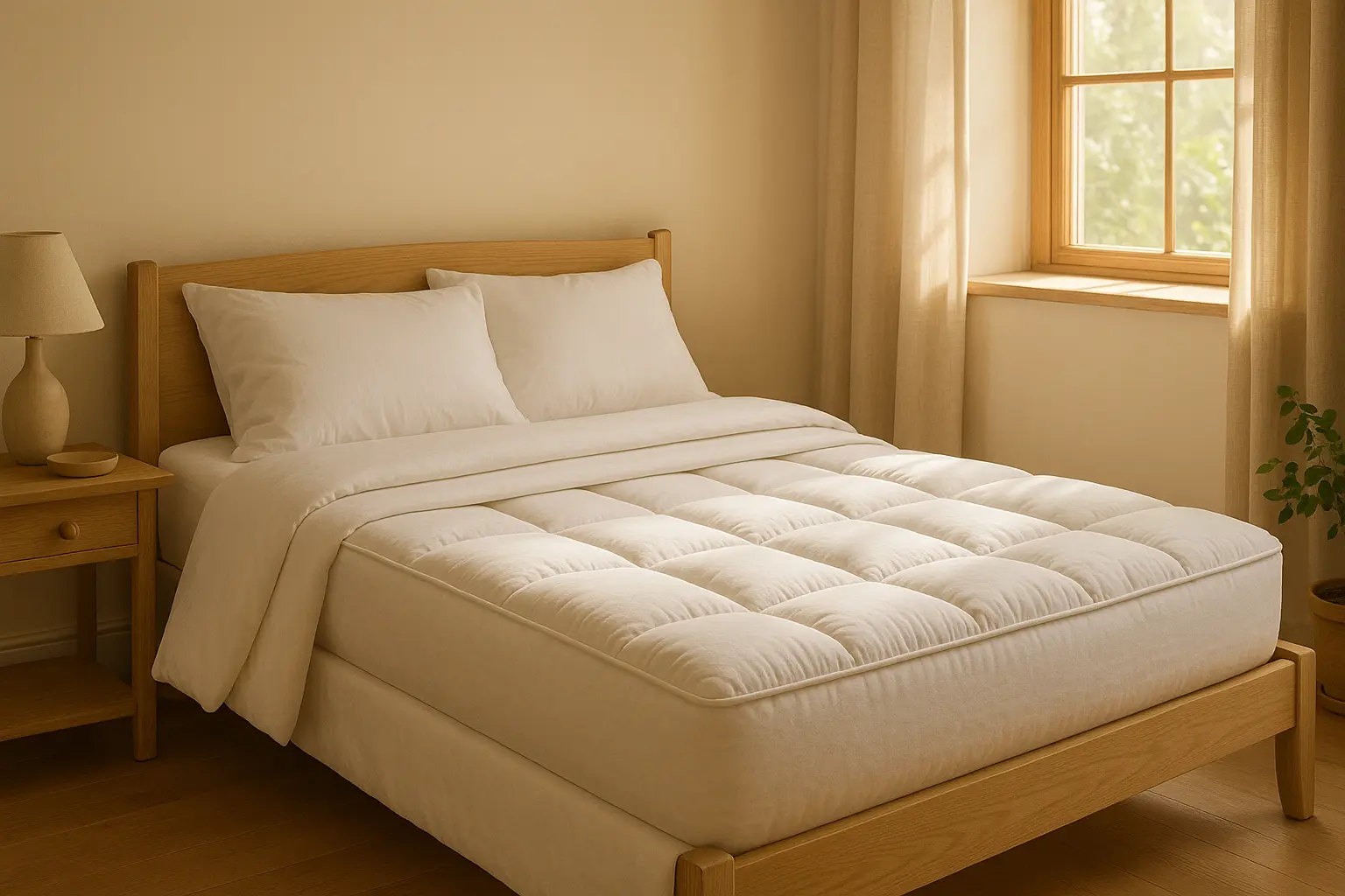 Modern-bedroom-featuring-a-plush-mattress-topper-under-white-bedding-for-added-comfort