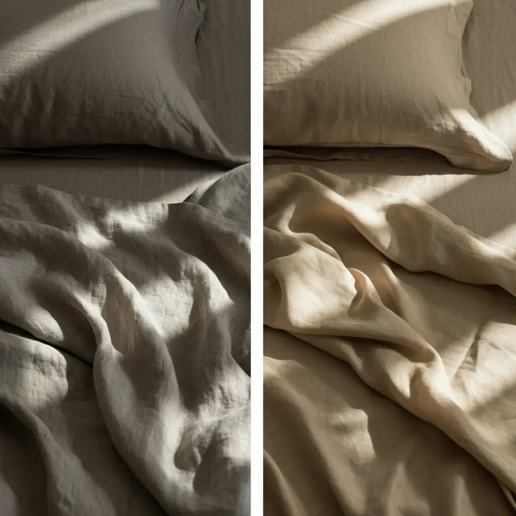 Side-by-side-comparison-of-linen-and-bamboo-sheet-sets-on-two-stylish-beds-1